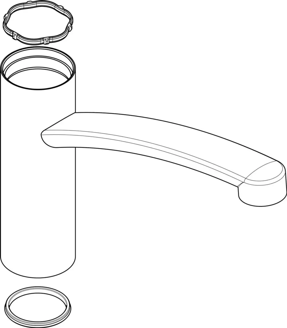 Edelstahl-Auslauf mit gebogenem Rohr und zwei Dichtungen. Teil einer Hansgrohe Armatur, geeignet für Hygieneflächen oder Waschbecken.